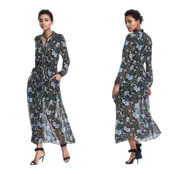 BANANA REPUBLIC TIE NECK MAXI SHIRTDRESS SHIRT DRESS MOONLESS NIGHT Sz: M - Picture 1 of 11